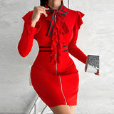 Ebbgo  -  Fashion Tie-Up Bow Collar Patchwork Dress Women Elegant Commute Slim Red Knitted Dress Office Lady Striped Contrast Zipper Dress