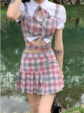 Ebbgo  Fashion Korean Preppy Style Mini Skirts Women Clothing Blouse  Summer Set White Pink Kawaii Harajuku Pleated Plaid Skirt