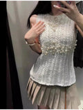 Ebbgo 2024 NEW White Pearl Sleeveless Knitted Vest Pullover Women O-neck Solid Hollow Out Rib Vests  Spring Elegant Lady Casual Tops