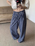 Ebbgo  -  Blue Plaid Casual Straight Pants Summer Cotton High Waist Buttons Pockets Baggy Trousers Women Streetwear Vintage Wide Leg Pants