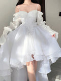 Ebbgo  -  Spring Summer Elegant White Off Shoulder Fairy Dress Vintage Female Chic Princess Puff Dress Mesh Puff Dress Party Dress