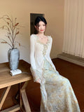 Ebbgo  Women Elegant Two-piece Skirt Sets Ruffled Long Sleeve Shawl Cardigans+Floral Printed High Waist Midi Skirts Autumn New Outwears