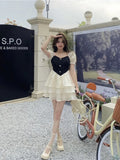 Ebbgo  -  Lolita Girl Stitching French Princess Dress Sexy Square Collar Ruffles Hem Cake Party Dress Puff Sleeve Slim A Line Mini Dress