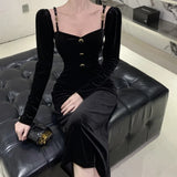 Ebbgo  -  French Black Plush Dresses Women Side-slit Suspenders Retro Korean Style Leisure Slim Solid Wrap Buttocks A-LINE Off-shoulder