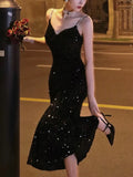 Ebbgo  -  Sexy Sleeveless Velvet Dress Women French Fashion Sequins Long Mermaid Dresses Evening Party Prom One Piece Vestidos Mujer