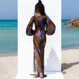 Ebbgo  New Summer See Through Print Tie Front Long Sleeve Dresses Outfits for Women Beachwear Vintage Slit Maxi Dress Vestido