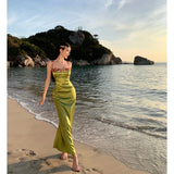 Ebbgo  - Women's Wear Dress Gentle High Waist Cherry Green Flower Temperament Embroidery Sling Long Dress Solid Summer Skirts