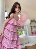 Ebbgo   Summer Women French Plaid Lace Ruffles Midi Dress Vintage Pink Sweet Korean Elagant Fairy Dress Casual Holiday Party Dress