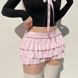 Ebbgo  Pink Bow Pleated Mini Skirts Y2k Solid A-line Skirts Kawaii Lolita Ruffle Skirts Sexy Ballet Skirts Casual Short Dress For Women