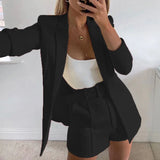 Ebbgo  -  Casual Solid Shorts Suit Women Work 2 Piece Set Turn Down Collar Coat Top Shorts Two Piece Outfit Business Suits