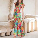 Ebbgo  -  Vintage Printed Bohemian Women Suspender Dress Sexy Slash Neck Pleat A-Line Maxi Dress Summer Lady Beach Holiday Chic Robe