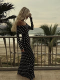 Ebbgo  -  Off Shoulder Dot Print Maxi Dress Women Slash Neck Long Sleeve Backless Female Robe Spring Summer Vacation Slim Dresses