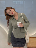 Ebbgo   Sexy Bodycon Striped Shirt Long Sleeve Korean Fashion Slim Women Blouses Green Chic Vintage Embroidery Aesthetic Tops