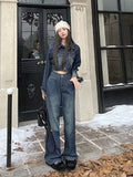 Ebbgo  -  Vintage denim suit women's short coat top + Jeans wide leg pants spring autumn new  fashion two-piece set