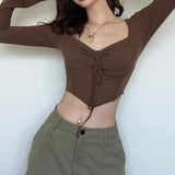 Ebbgo  American Street Spicy Girl Style Sexy Tshirt 2024 New Chic Low Neckline Fishbone Waistband Slim Fit With Exposed Navel Top Hot