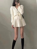 Ebbgo  -  Korean Ins Fashion Autumn Winter Women's Knitted Suits Solid Single Breasted Long Sleeve Sweater+High Waisted Mini Pleated Skirt