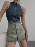 Ebbgo  -  Sexy Women Vintage Zipper Denim Dress Turtleneck Sleeveless Dress Party Celebrity Bodycon Vestidos