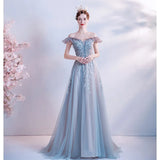 Ebbgo  -  Ball gowns Banquet dress Prom graduation Elegant lace sky blue embroidery Buttefly Princess Off-Shoulder dressesLAS462