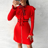 Ebbgo  -  Fashion Tie-Up Bow Collar Patchwork Dress Women Elegant Commute Slim Red Knitted Dress Office Lady Striped Contrast Zipper Dress