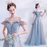 Ebbgo  -  Ball gowns Banquet dress Prom graduation Elegant lace sky blue embroidery Buttefly Princess Off-Shoulder dressesLAS462