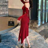 Ebbgo  Sexy Backless Waistless Lace-up Knit Dresses Spring/Summer Women Dress Skinny Hanging Neck Long Sleeve MIdi Chic Fishtail Dress