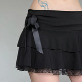 Ebbgo    Black Ruffle Skirt Women Gothic Bow Lace Patchwork Sexy Y2K High Waist A-line Extreme Mini Skirt Fairy Grunge Streetwear