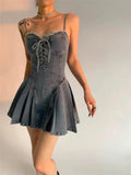 Ebbgo  Women A-line Mini Denim Dress Y2k Vintage Elegant Lace-up Off Shoulder One Piece Frocks Luxury Jean Dresses 2000s Clothes Summer