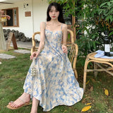 Ebbgo  -  Summer New Large French Floral Waist Strap Dress with Luxury Medium Length Dress