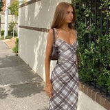 Ebbgo  -  Summer New Fashionable and Sexy Open Back V-Neck Strap Dress with Checkered Print Spicy Girl Waist Slimming Long Dress