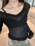 Ebbgo  Sexy Black V Neck Grunge Women T-shirt Casual Vintage Slim Knitted Blouse Long Sleeve Y2k Aesthetic Fashion Crop Tops Japanese