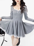 Ebbgo  -  Fall New French Dress Square Neck Sexy Mini Woman Dress For Women Grey Fashion Slim-fit Bouffant Aestheti Dress