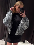 Ebbgo  Sparking Sequin Thicken Christmas Party Shiny Coat Shawl Collar Zipper Long Sleeve Gliter Casual Jackets  Winter Club Coats