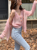 Ebbgo  2 Piece Set Women Knitter Suits Pink Sweater Elegant Cardigan + Y2k Crop Tops Office Lady Kawaii Clothing Korean