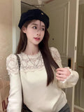 Ebbgo  Sweet Lace Patchwork Knitwear Women Korean O-neck Print Patchwork Elastic Slim Chic temperament Spring Female Pullover Sweater