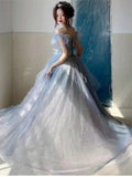 Ebbgo  -  Women Blue Tulle Layered Prom Dresses Slash Neck Flying Sleeve Quinceanera Dresses Female Long Evening Gowns