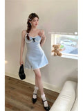 Ebbgo  Bow French Lace Sling Strap Blue Dress Vintage Holiday Sweet Y2K Mini Party Dress vestidos de noite fairy grunge de casamento