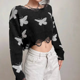 Ebbgo  Black Sexy Crop Knit Women's Sweater Fall And Winter  Butterfly Design Korean Style Pullover Soft Sweaters