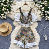 Ebbgo  -  Sexy Chic Pieces Sets High Waist  off shoulder puff sleeve print sweet with shorts Women Vacation Summer Sets