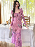 Ebbgo  French Sweet Prom Dresses Women Fashion Celebrity Purple Elastic Sheer Mesh Folds Ruffles Fishtail Robe Cocktail Party Vestidos