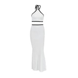 Ebbgo  -  Skirt Two Piece Set Women New Autumn White Sexy Sleeveless Halter Corset Elastic Waist Fashion Zipper Split Slim Elegant Skirt