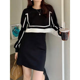 Ebbgo  -  Round Neck Vintage Fake Two Mini Dress y2k Slim-fit Long-sleeved Dresses Fashion Temperament Dress