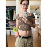 Ebbgo  Leopard Pattern Sexy Square Neck Short Sleeve T-shirt Women Tops 2024 Summer Spicy Girl Slim Fit  Chic Short Top Women Clothing