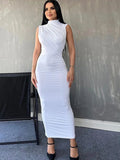 Ebbgo  -  Pleated Sleeveless Long Dresses Women Elegant Solid Bodycon Turtleneck  Hip Package White Dress Summer Evening Party Robe