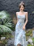 Ebbgo  -  Satin Blue Printed Slip Dress Floral Women Summer Elegant Ruffled Dress robe maxi elegante vestidos de cerimonia para casamentos