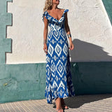 Ebbgo  -  Women Vintage Geometry Print Long Dress Spring V Neck High Waist Ruffle Party Maxi Dress Summer Sleeveless Backless Boho Dresses