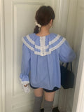 Ebbgo  Blue Shirts Women Flare Sleeve Autumn Lace Sweet Chic  Casual Peter Pan Collar Daily New Office Lady Gentle