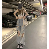 Ebbgo  -  Ripped Jeans Women High Waist Slim Straight Wide Leg Beggar Denim Pants Summer High Street Pants Mopping Trousers Y2k Fashion