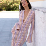 Ebbgo  -  Colorful Striped Women Crochet Knit Long Dresses Maxi Party Dresses Robe Flared Long Sleeve V-neck Sexy Club Funky Beach