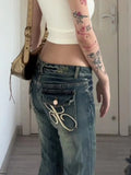 Ebbgo  Woman American Style Jeans Aesthetics Denim Kpop Pants Gyaru Trousers High Street Bell Pockets Bottoms Zipper Low Waist