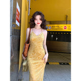 Ebbgo  2024 Summer Yellow Vintage Spaghetti Strap Women Bodycon Cheongsam Dress Elegant Slim V-neck Female Package Hip Dress Vestidos